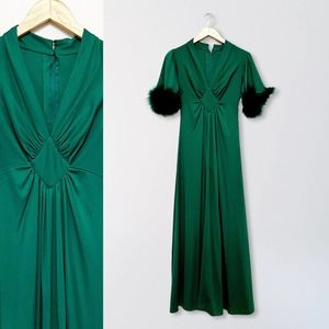 70s Emerald Green Fuzzy Sleeve Ruched Maxi Dress | Small